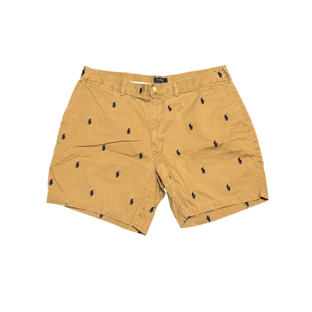 Polo Ralph Lauren Mens Khaki Tan All Over Embroidered Pony Chino Shorts Size 36